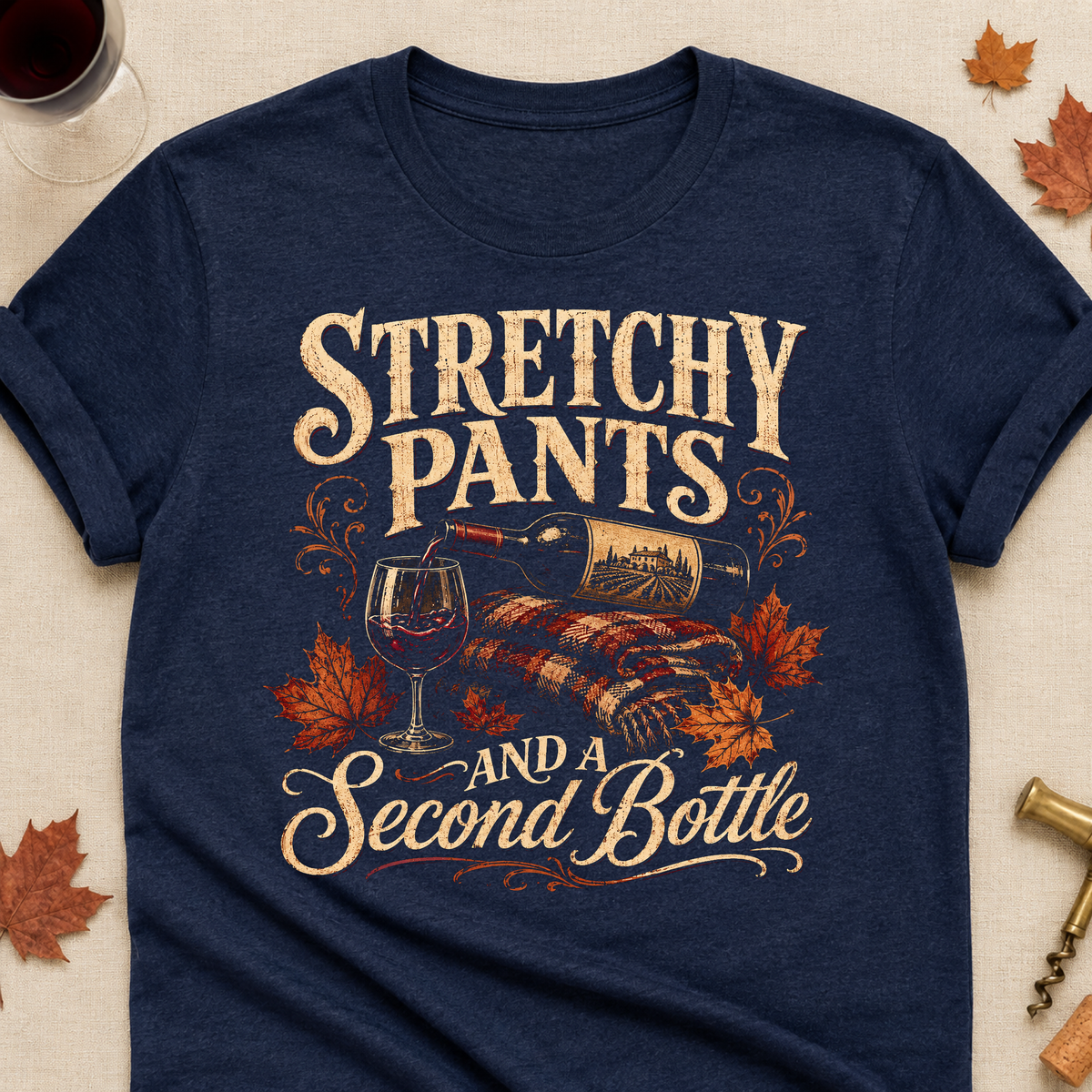 Stretchy Pants And A Second Bottle Fall Colored Print T-Shirt - Heather Navy - Brooke & Belle