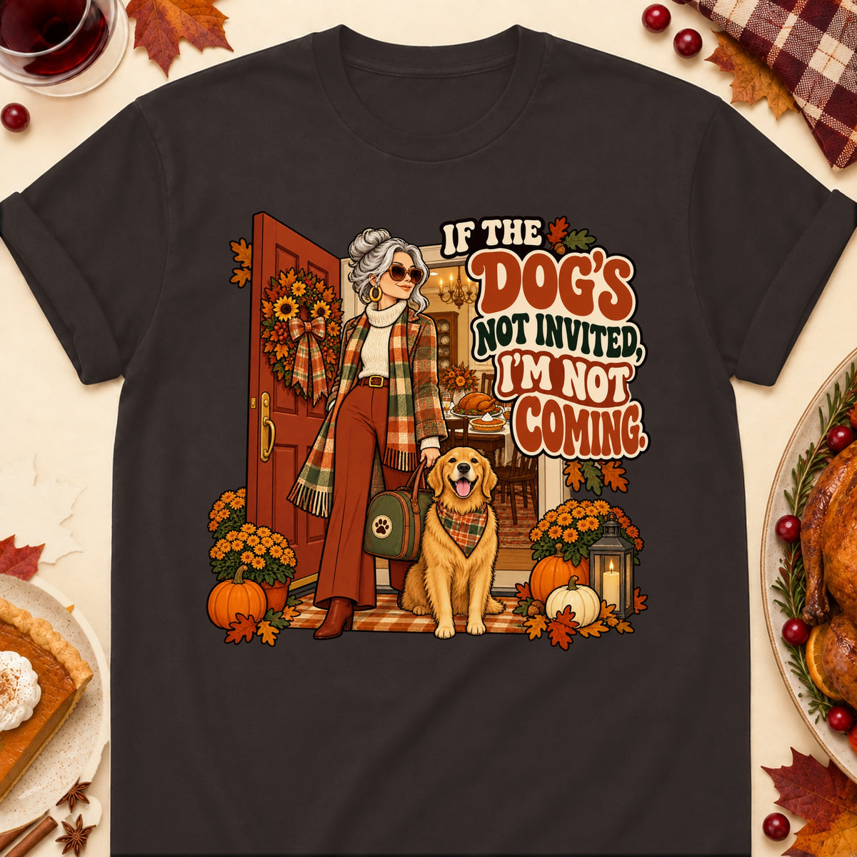 If The Dog's Not Invited, I'm Not Coming. Thanksgiving Dog Mom T-Shirt in Dark Chocolate