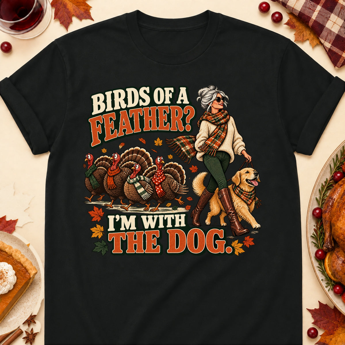 Birds Of A Feather? I'm With The Dog. Thanksgiving Dog Mom T-Shirt in Black