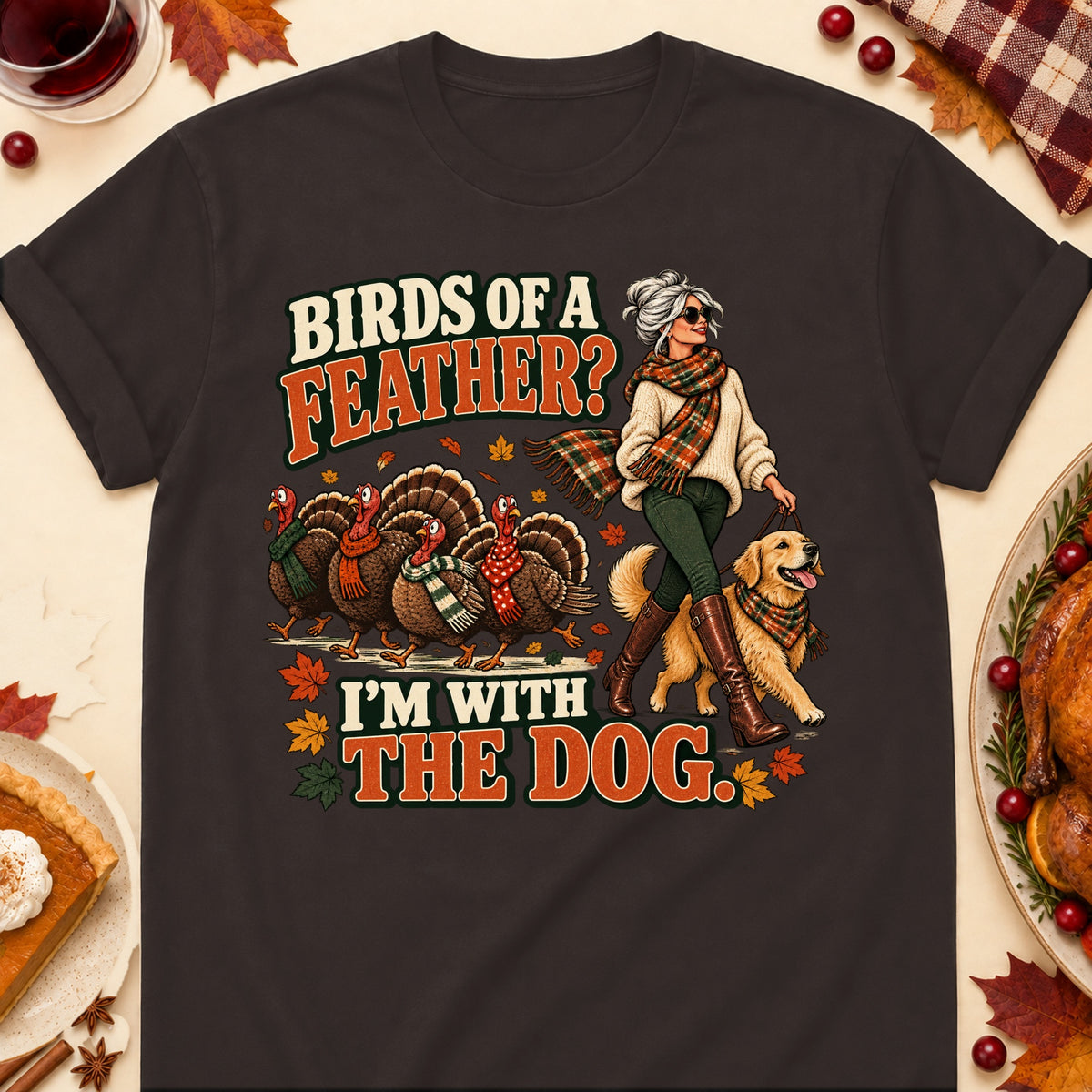 Birds Of A Feather? I'm With The Dog. Thanksgiving Dog Mom T-Shirt in Dark Chocolate