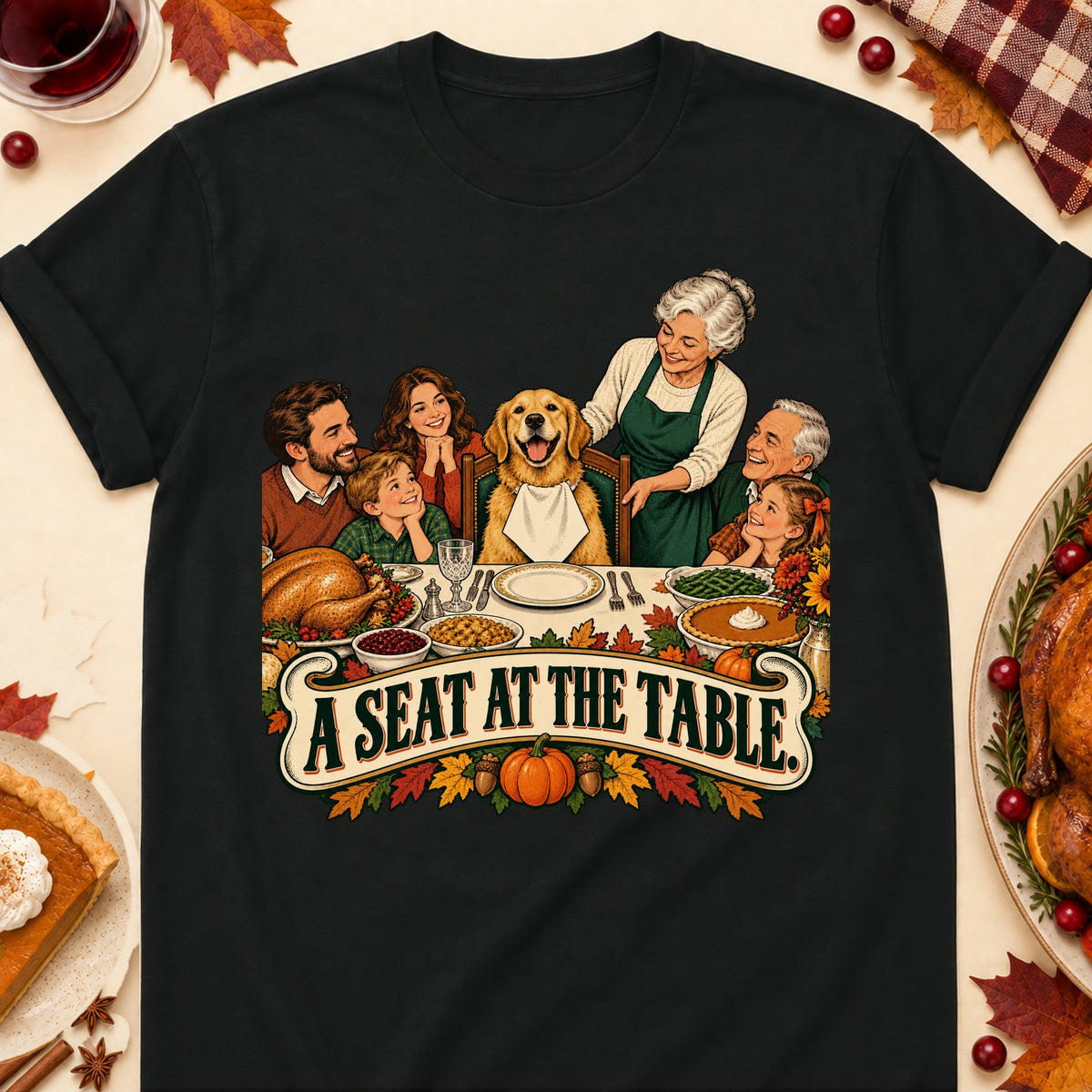 A Seat At The Table Thanksgiving Dog Mom T-Shirt in Black