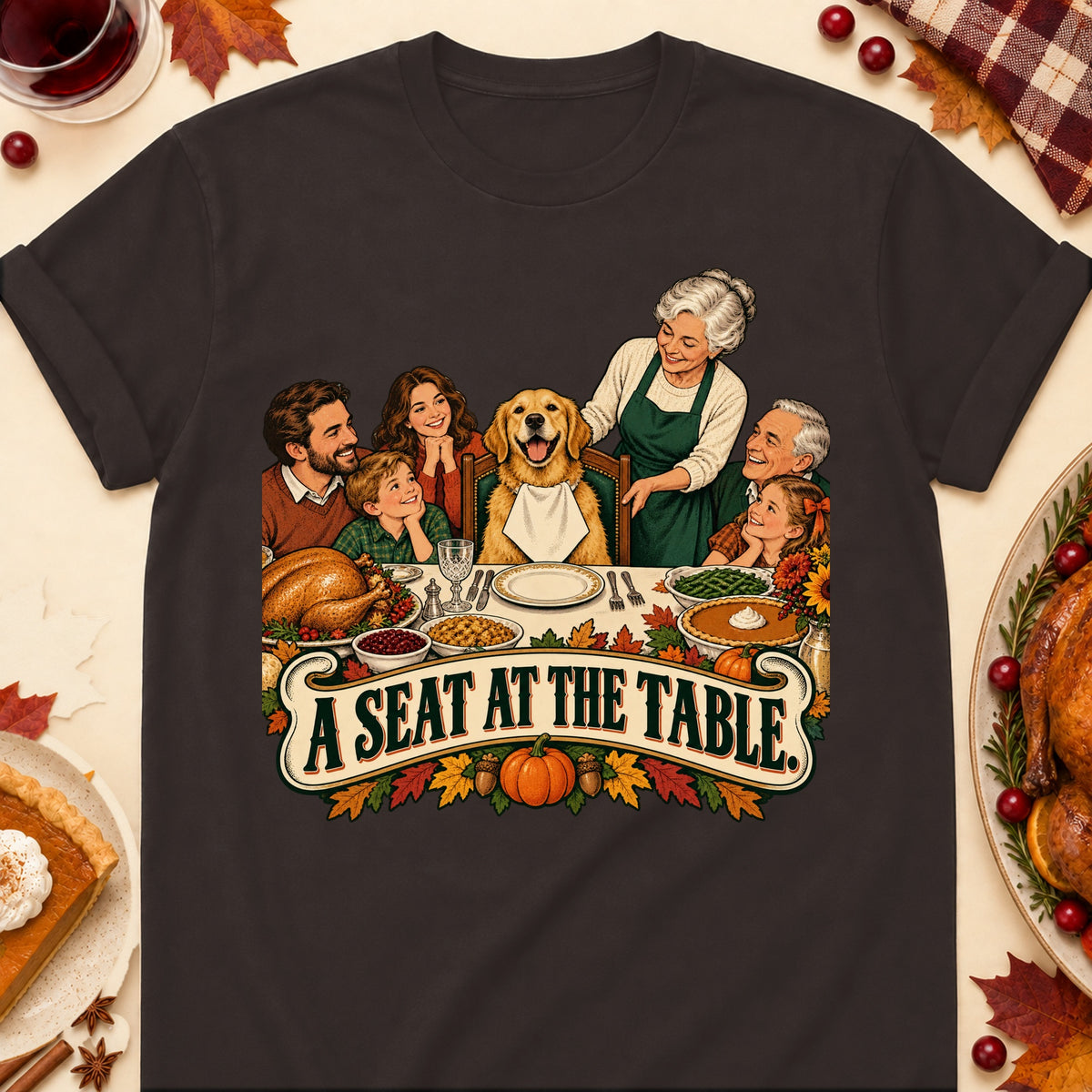 A Seat At The Table Thanksgiving Dog Mom T-Shirt in Dark Chocolate