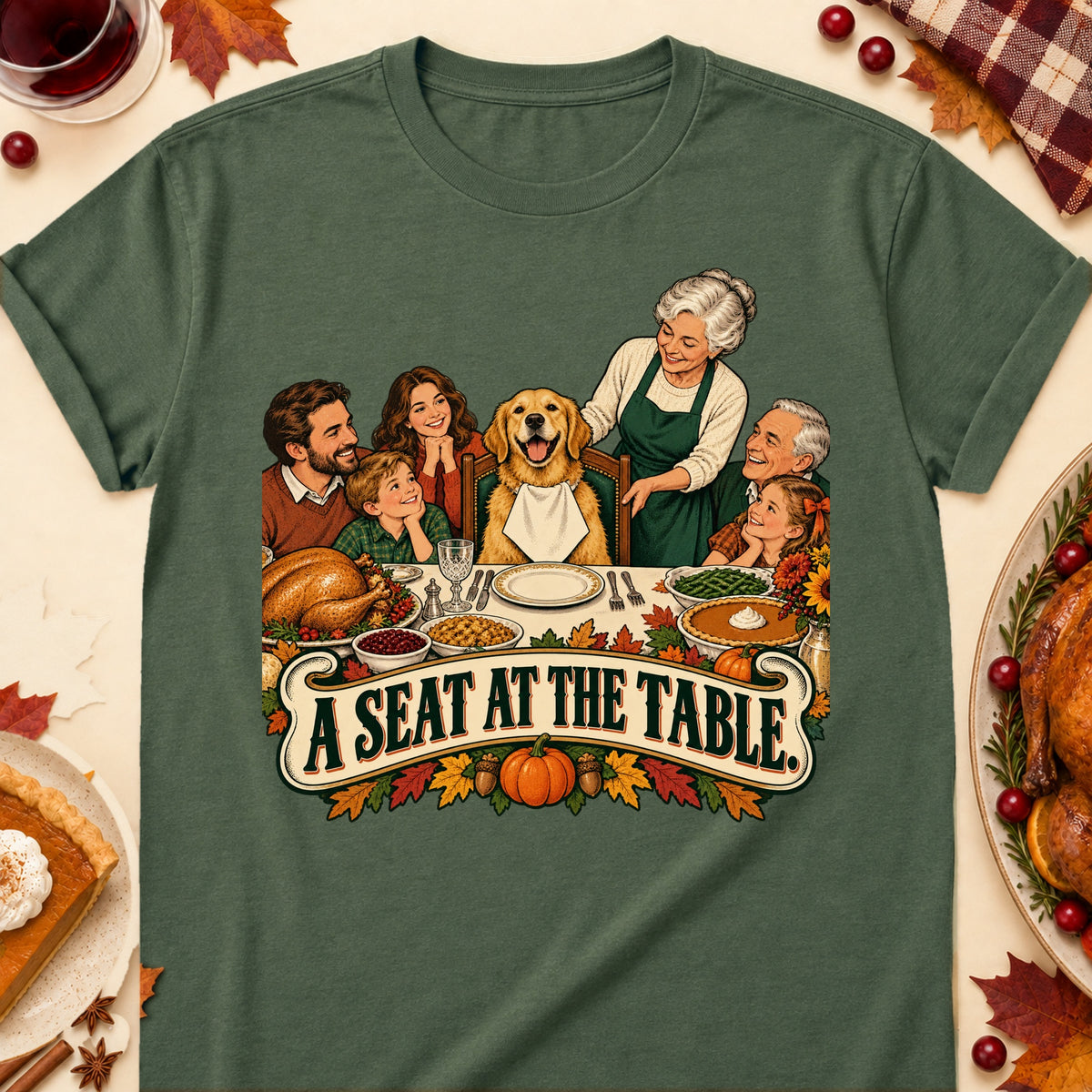 A Seat At The Table Thanksgiving Dog Mom T-Shirt in Military Green