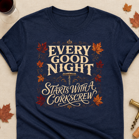 Every Good Night Starts With A Corkscrew Fall Colored Print T-Shirt - Heather Navy - Brooke & Belle