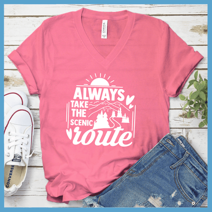 Always Take The Scenic Route V-neck Neon Pink - "Always Take The Scenic Route" graphic V-neck t-shirt with mountain and sunburst design.