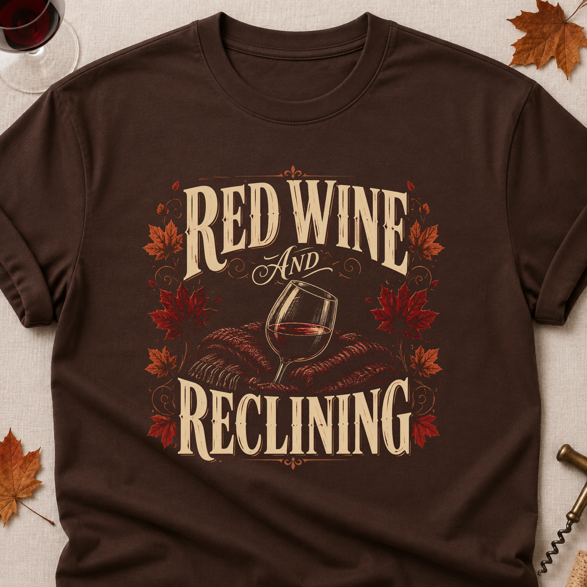 Red Wine And Reclining Fall Colored Print T-Shirt - Dark Chocolate - Brooke & Belle