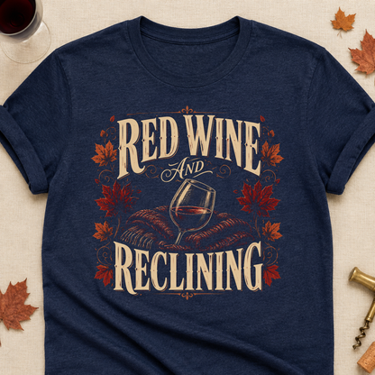 Red Wine And Reclining Fall Colored Print T-Shirt - Heather Navy - Brooke & Belle