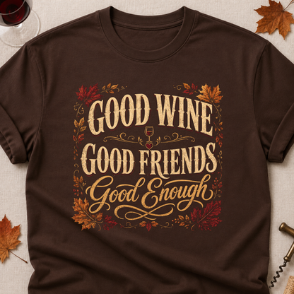 Good Wine Good Friends Good Enough Fall Colored Print T-Shirt - Dark Chocolate - Brooke & Belle