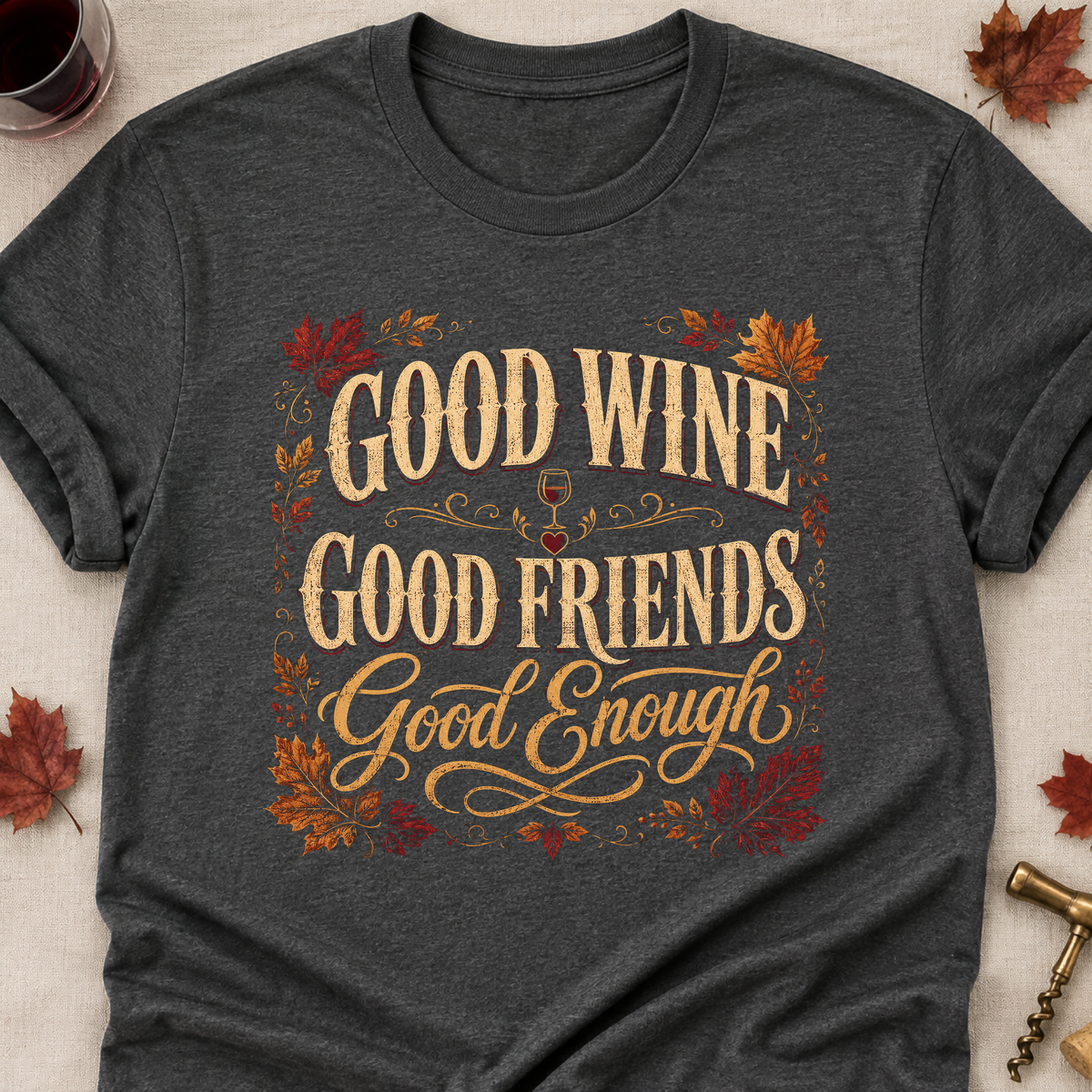 Good Wine Good Friends Good Enough Fall Colored Print T-Shirt - Dark Heather - Brooke & Belle