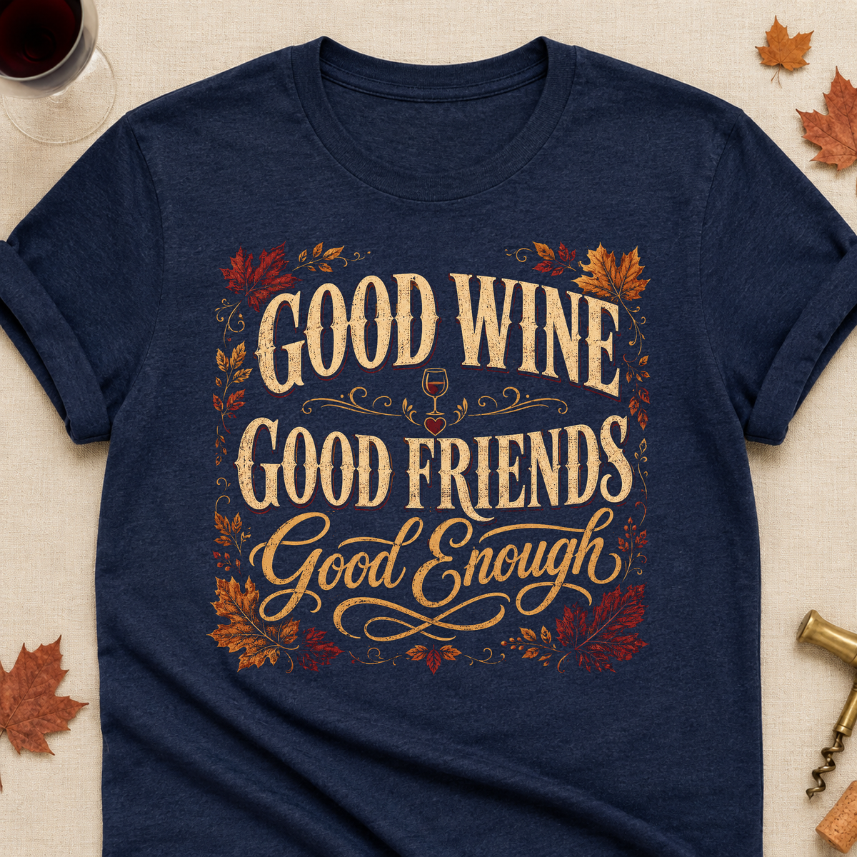 Good Wine Good Friends Good Enough Fall Colored Print T-Shirt - Heather Navy - Brooke & Belle