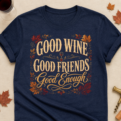 Good Wine Good Friends Good Enough Fall Colored Print T-Shirt - Heather Navy - Brooke & Belle
