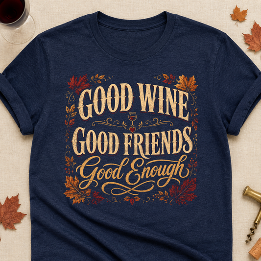 Good Wine Good Friends Good Enough Fall Colored Print T-Shirt - Heather Navy - Brooke & Belle