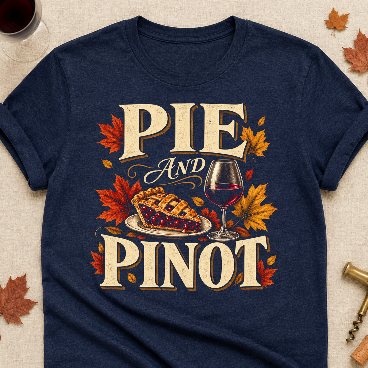 Pie And Pinot Fall Colored Print T-Shirt - Heather Navy - Brooke & Belle