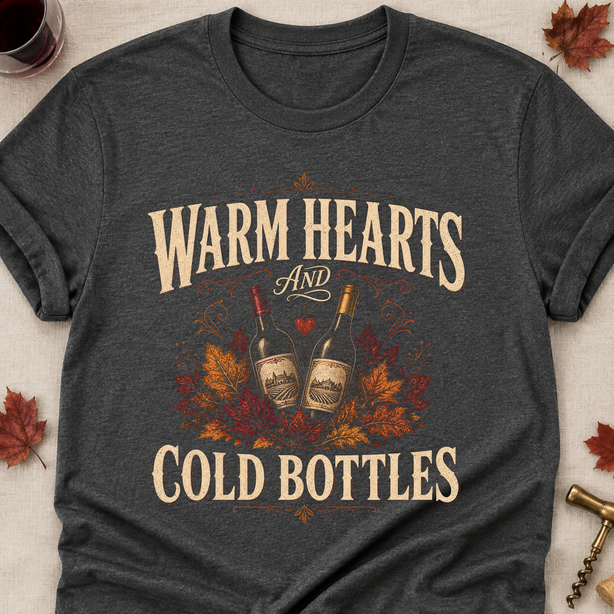 Warm Hearts And Cold Bottles Fall Colored Print T-Shirt - Dark Heather - Brooke & Belle