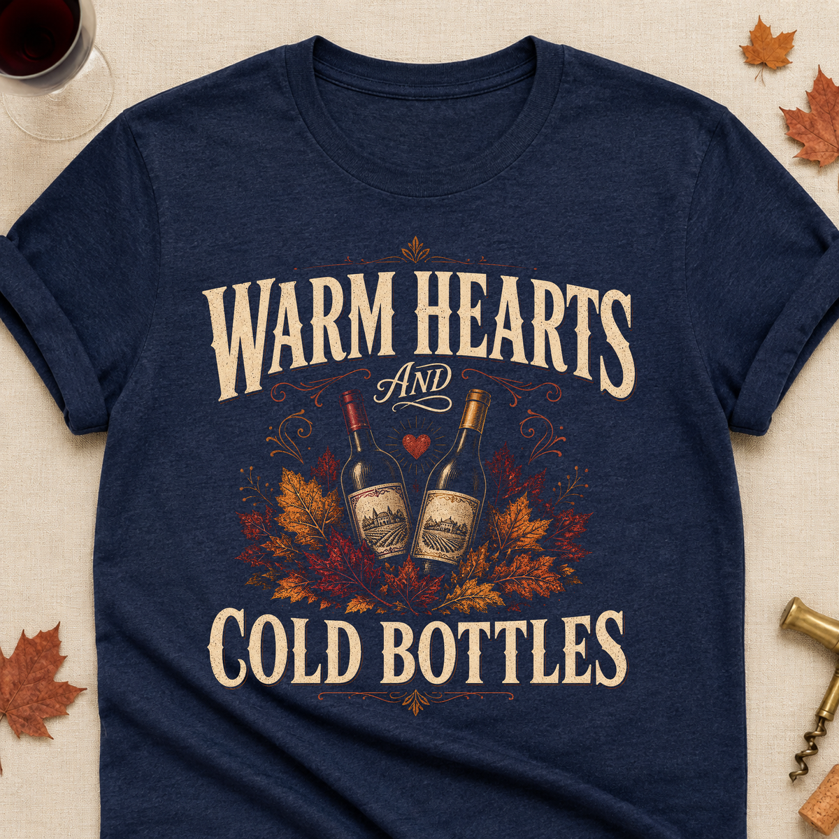 Warm Hearts And Cold Bottles Fall Colored Print T-Shirt - Heather Navy - Brooke & Belle