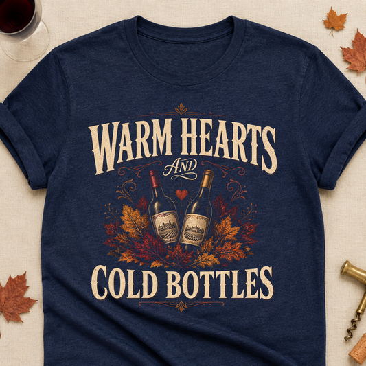 Warm Hearts And Cold Bottles Fall Colored Print T-Shirt - Heather Navy - Brooke & Belle