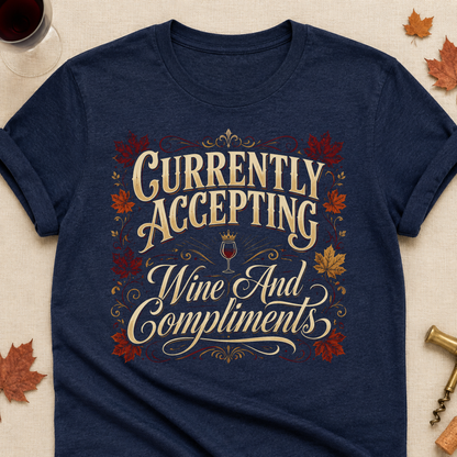 Currently Accepting Wine And Compliments Fall Colored Print T-Shirt - Heather Navy - Brooke & Belle