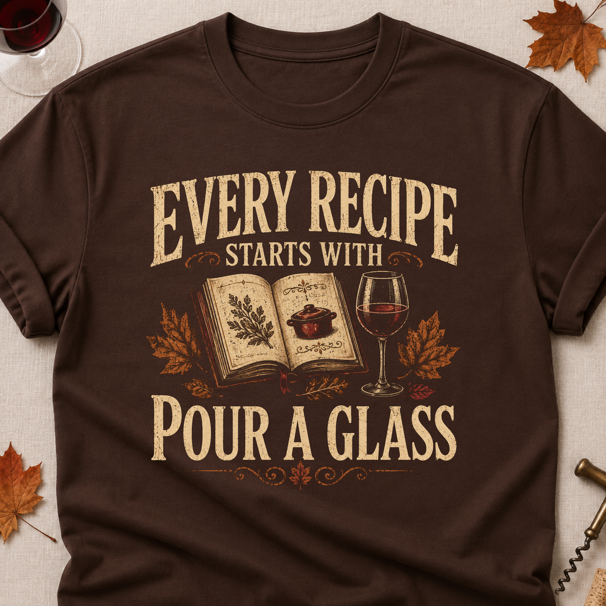 Every Recipe Starts With Pour A Glass Fall Colored Print T-Shirt - Dark Chocolate - Brooke & Belle