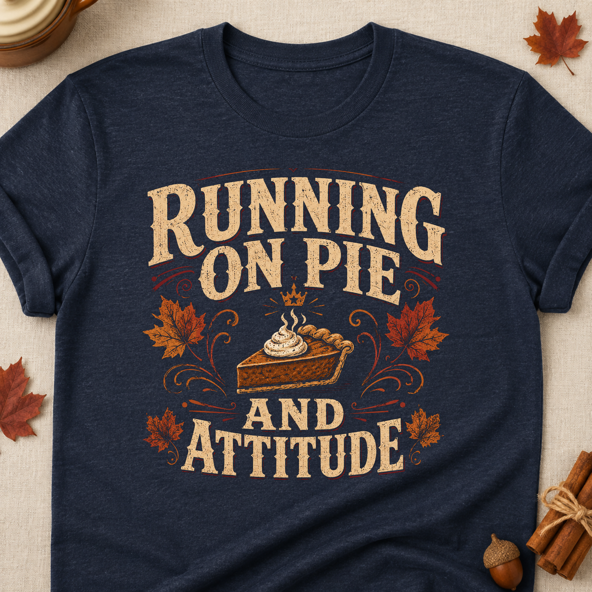 Running On Pie And Attitude Fall Colored Print T-Shirt - Heather Navy - Brooke & Belle