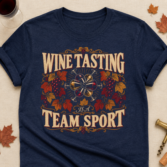 Wine Tasting Is A Team Sport Fall Colored Print T-Shirt - Heather Navy - Brooke & Belle