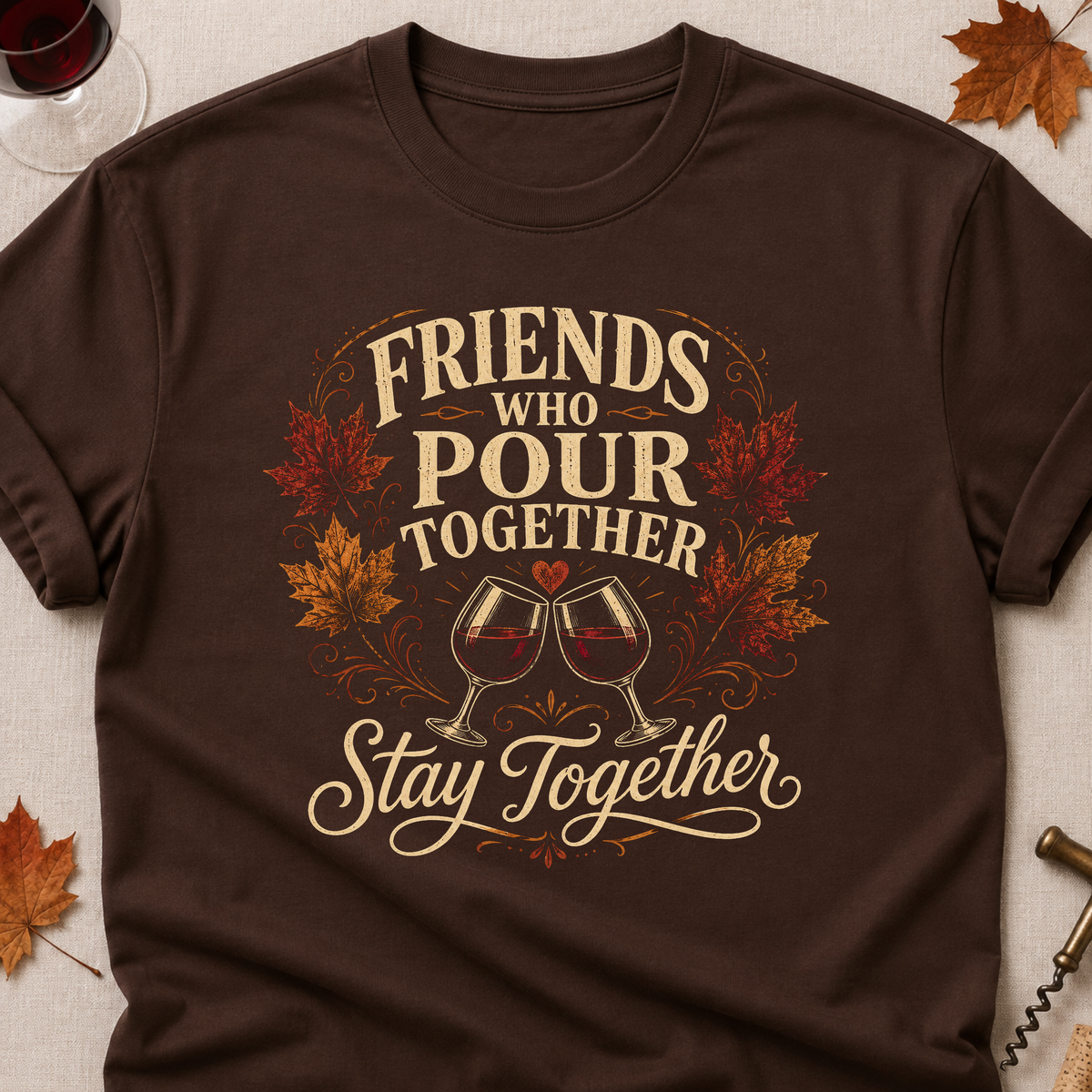 Friends Who Pour Together Stay Together Fall Colored Print T-Shirt - Dark Chocolate - Brooke & Belle