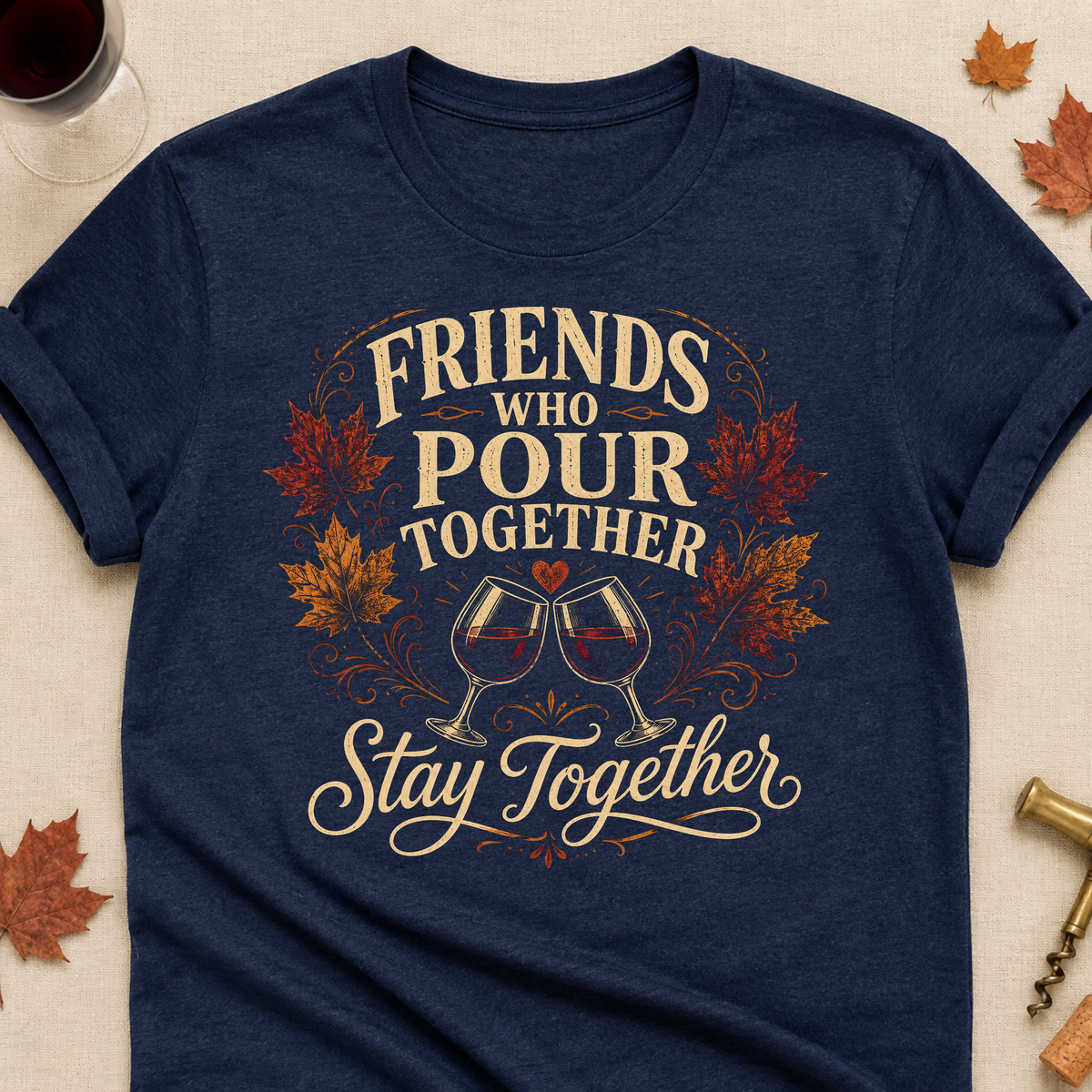 Friends Who Pour Together Stay Together Fall Colored Print T-Shirt - Heather Navy - Brooke & Belle