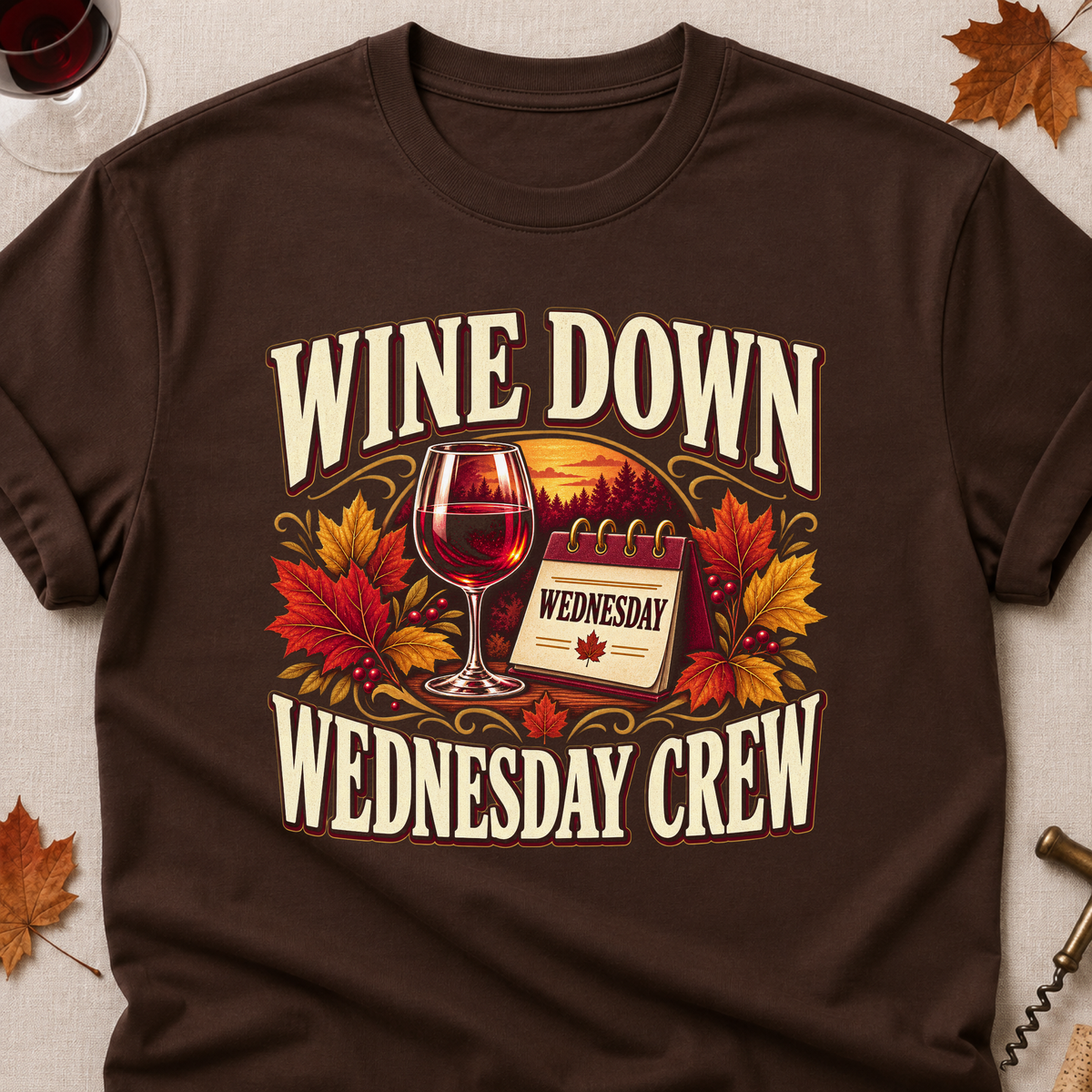 Wine Down Wednesday Crew Fall Colored Print T-Shirt - Dark Chocolate - Brooke & Belle
