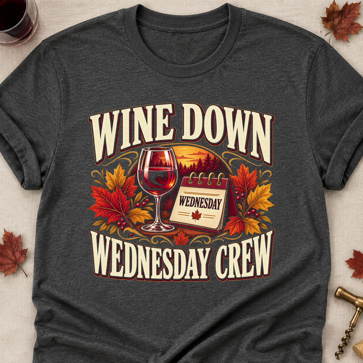 Wine Down Wednesday Crew Fall Colored Print T-Shirt - Dark Heather - Brooke & Belle