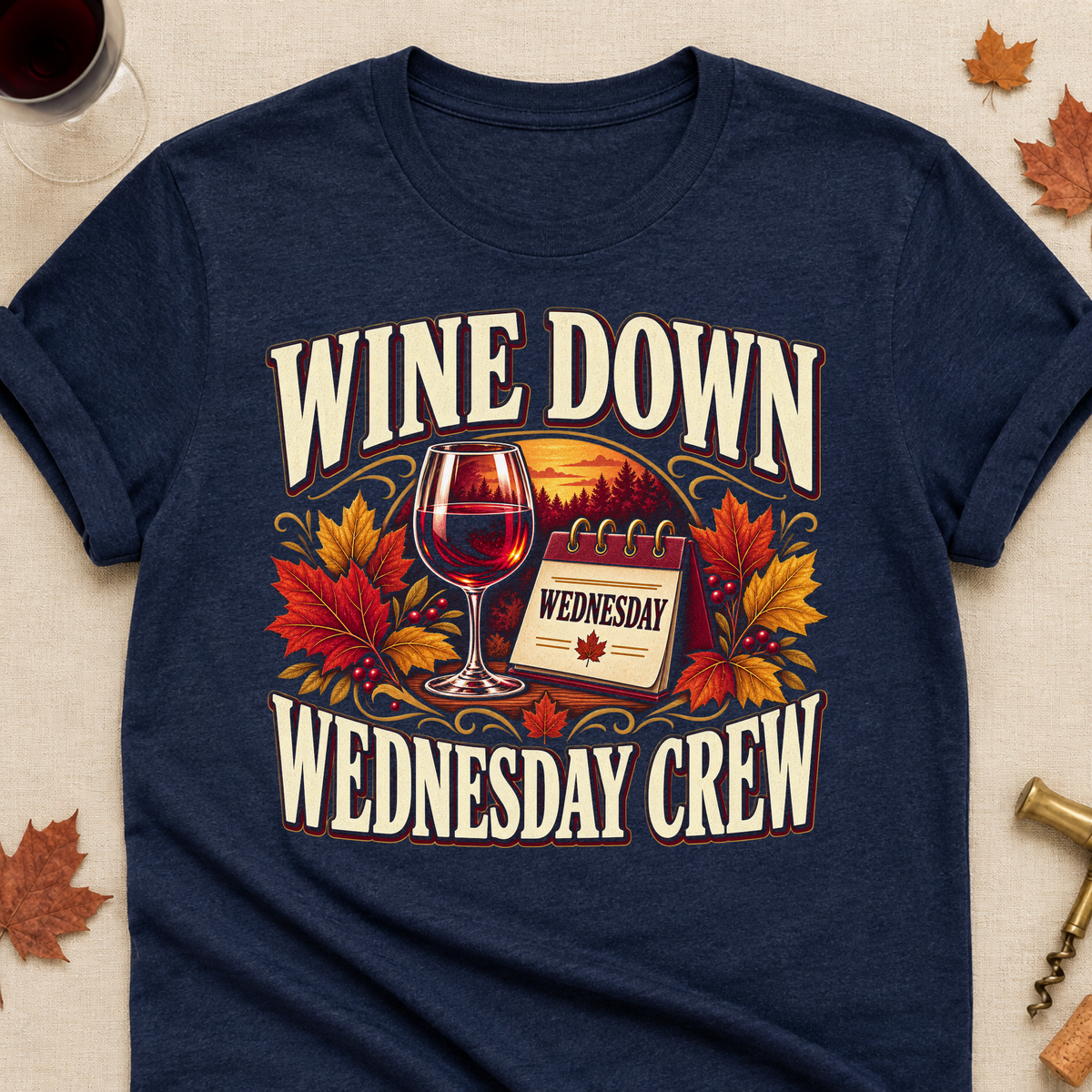 Wine Down Wednesday Crew Fall Colored Print T-Shirt - Heather Navy - Brooke & Belle