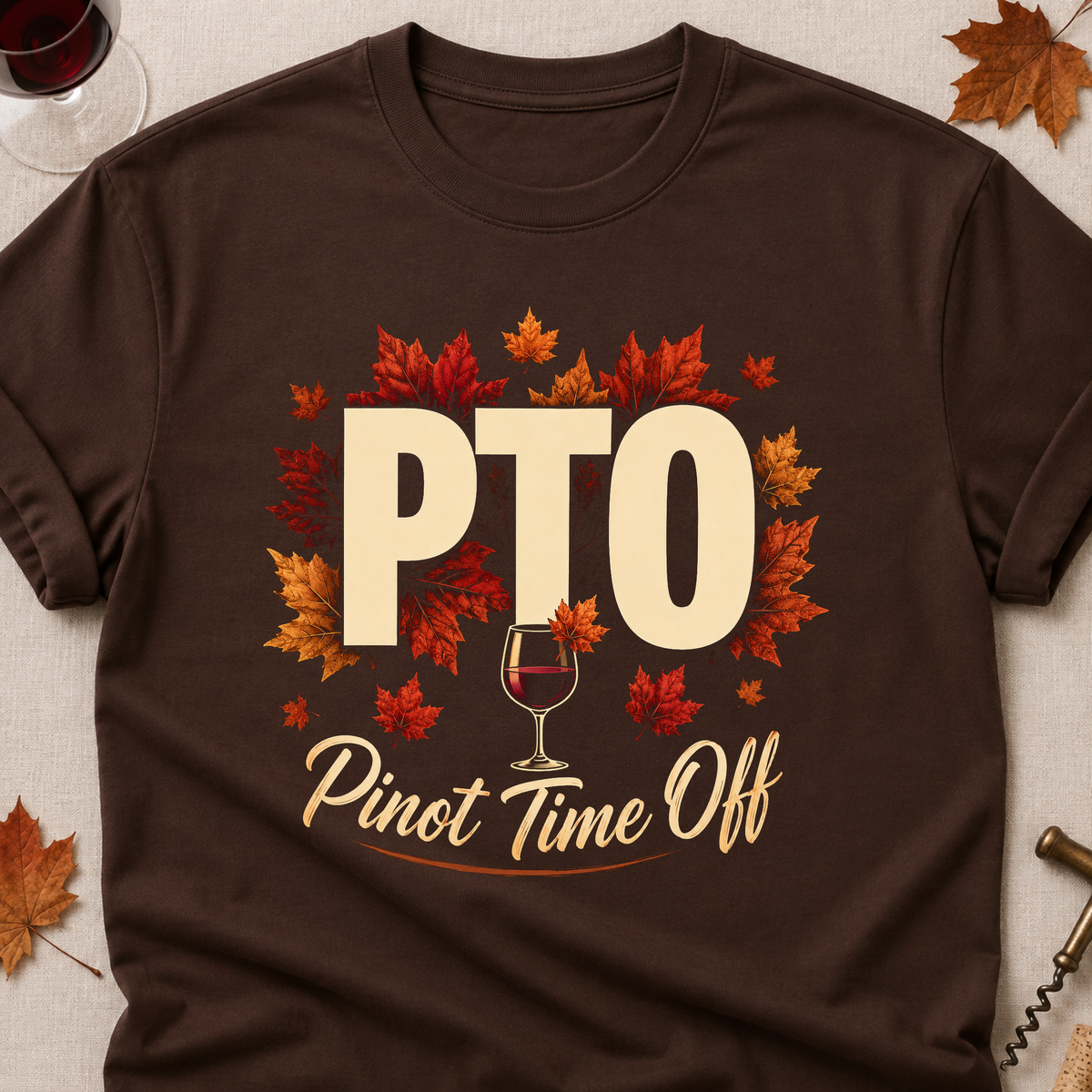 PTO Pinot Time Off Fall Colored Print T-Shirt - Dark Chocolate - Brooke & Belle