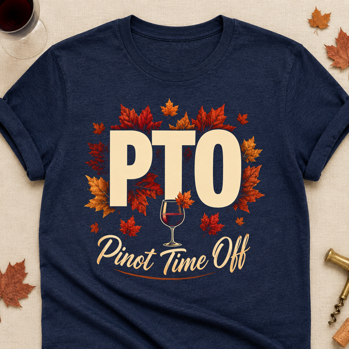 PTO Pinot Time Off Fall Colored Print T-Shirt - Heather Navy - Brooke & Belle