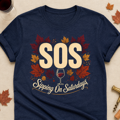 SOS Sipping On Saturdays Fall Colored Print T-Shirt - Heather Navy - Brooke & Belle