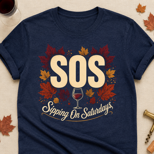 SOS Sipping On Saturdays Fall Colored Print T-Shirt - Heather Navy - Brooke & Belle