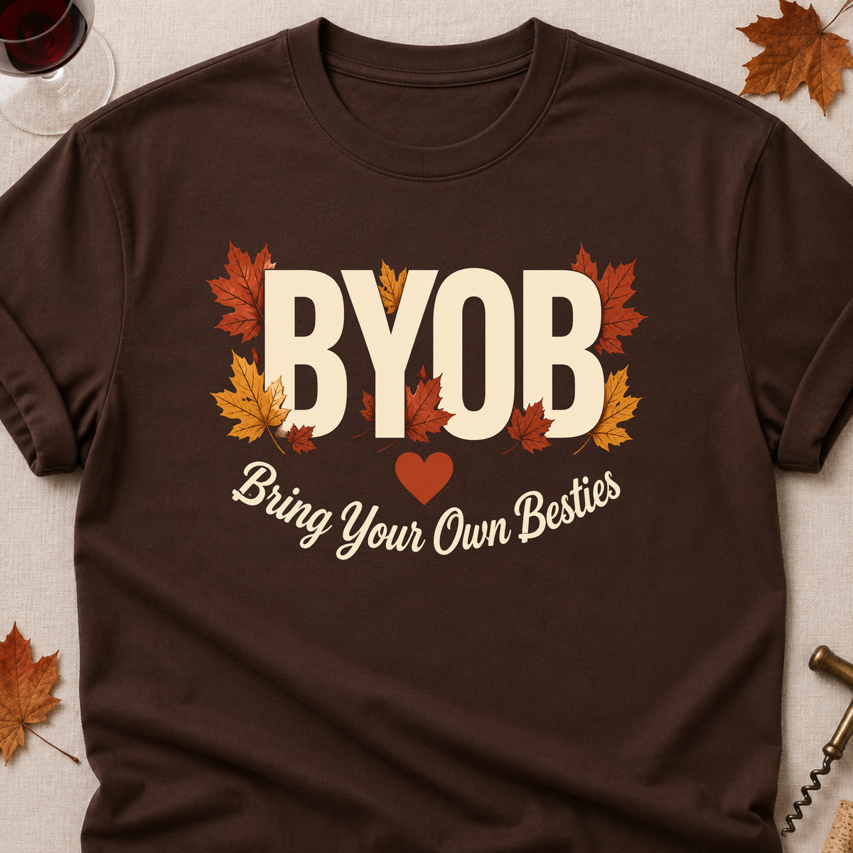 BYOB Bring Your Own Besties Fall Colored Print T-Shirt - Dark Chocolate - Brooke & Belle