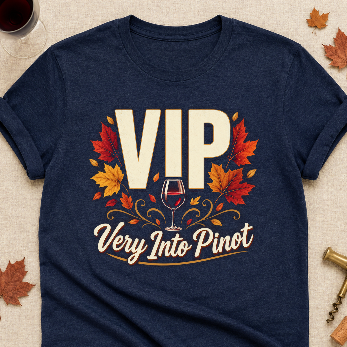 VIP Very Into Pinot Fall Colored Print T-Shirt - Heather Navy - Brooke & Belle