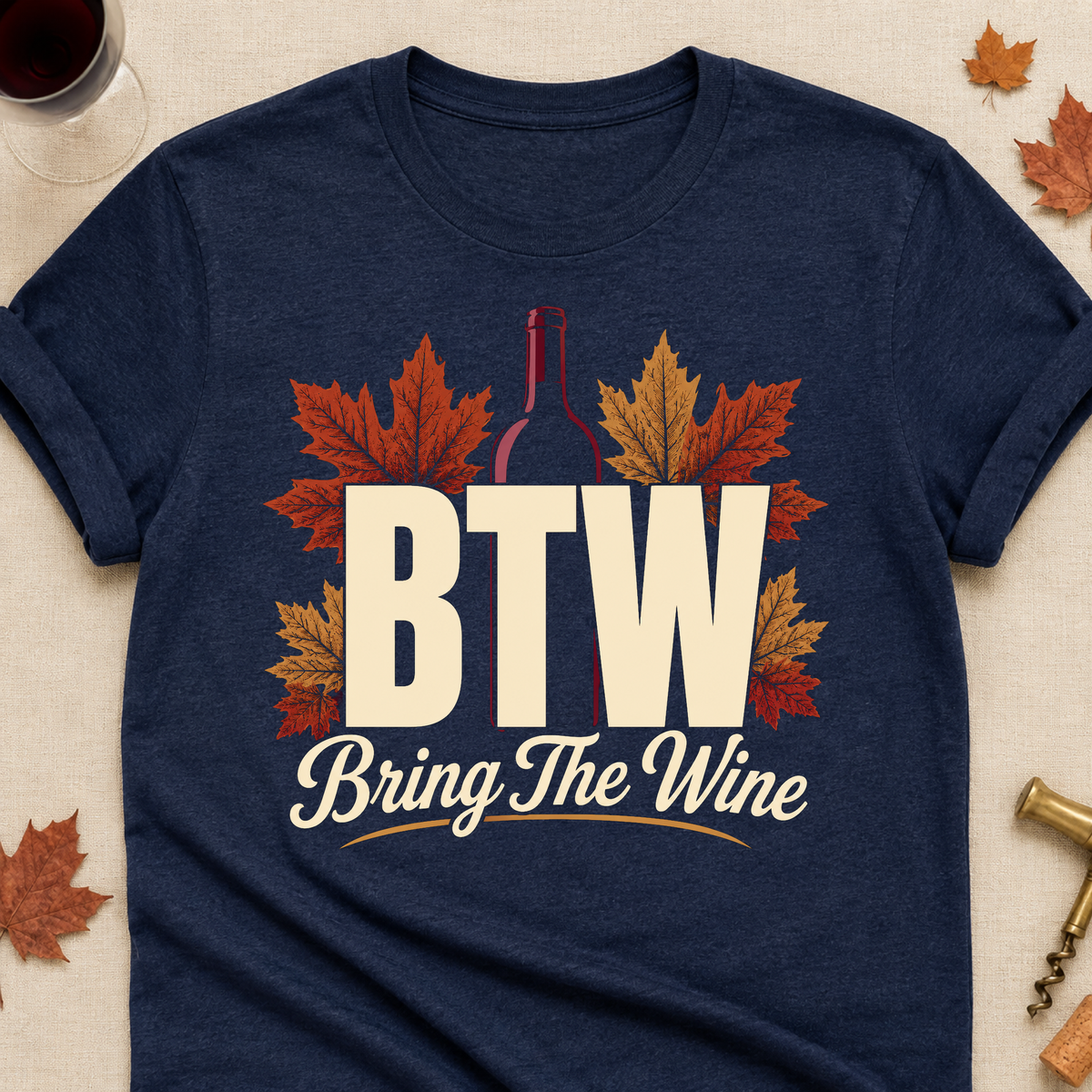 BTW Bring The Wine Fall Colored Print T-Shirt - Heather Navy - Brooke & Belle