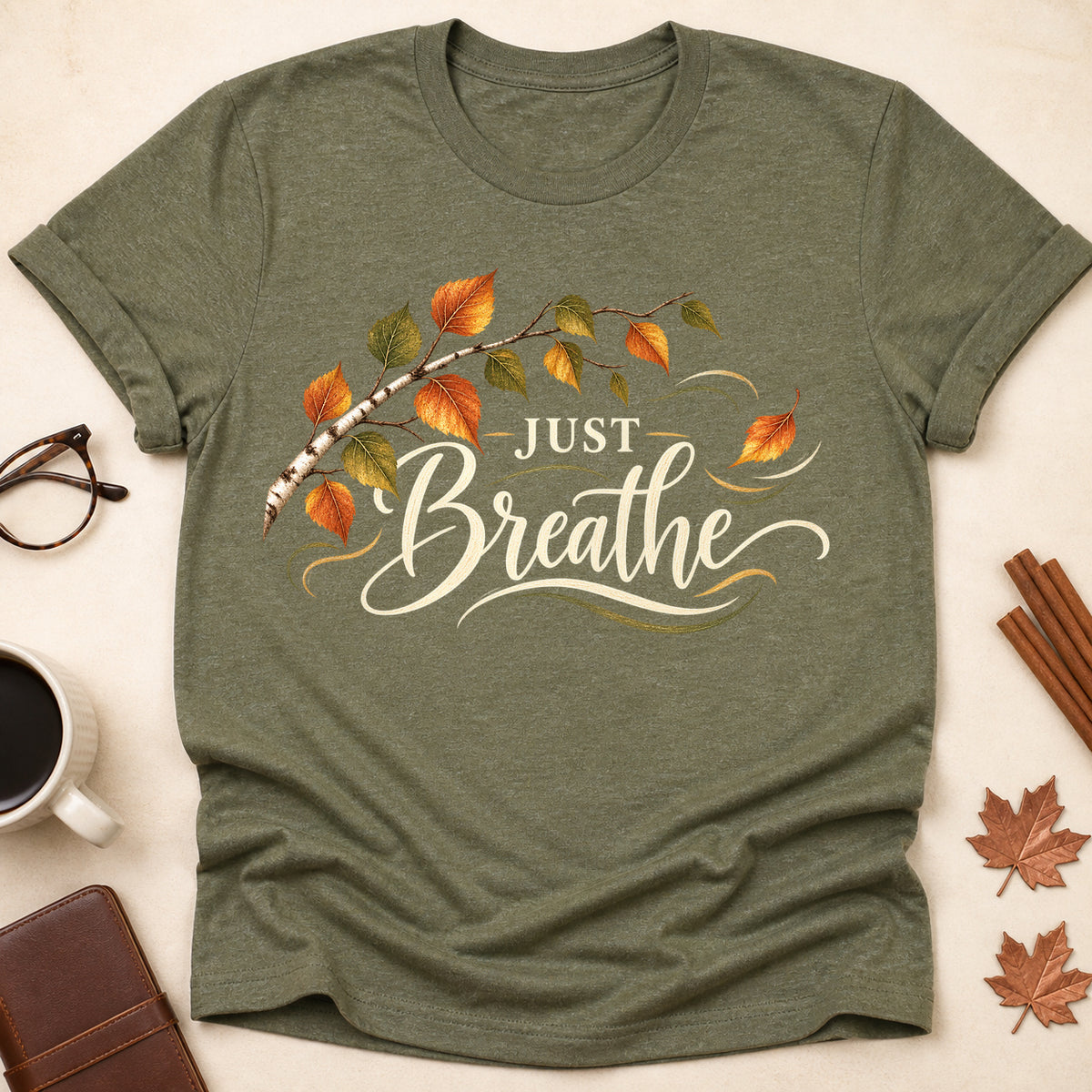 Just Breathe Fall T-shirt - Heather Military Green - Brooke & Belle