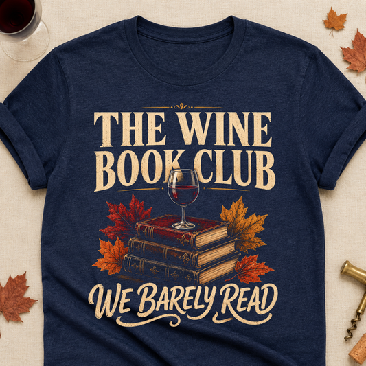 The Wine Book Club We Barely Read Fall Colored Print T-Shirt - Heather Navy - Brooke & Belle