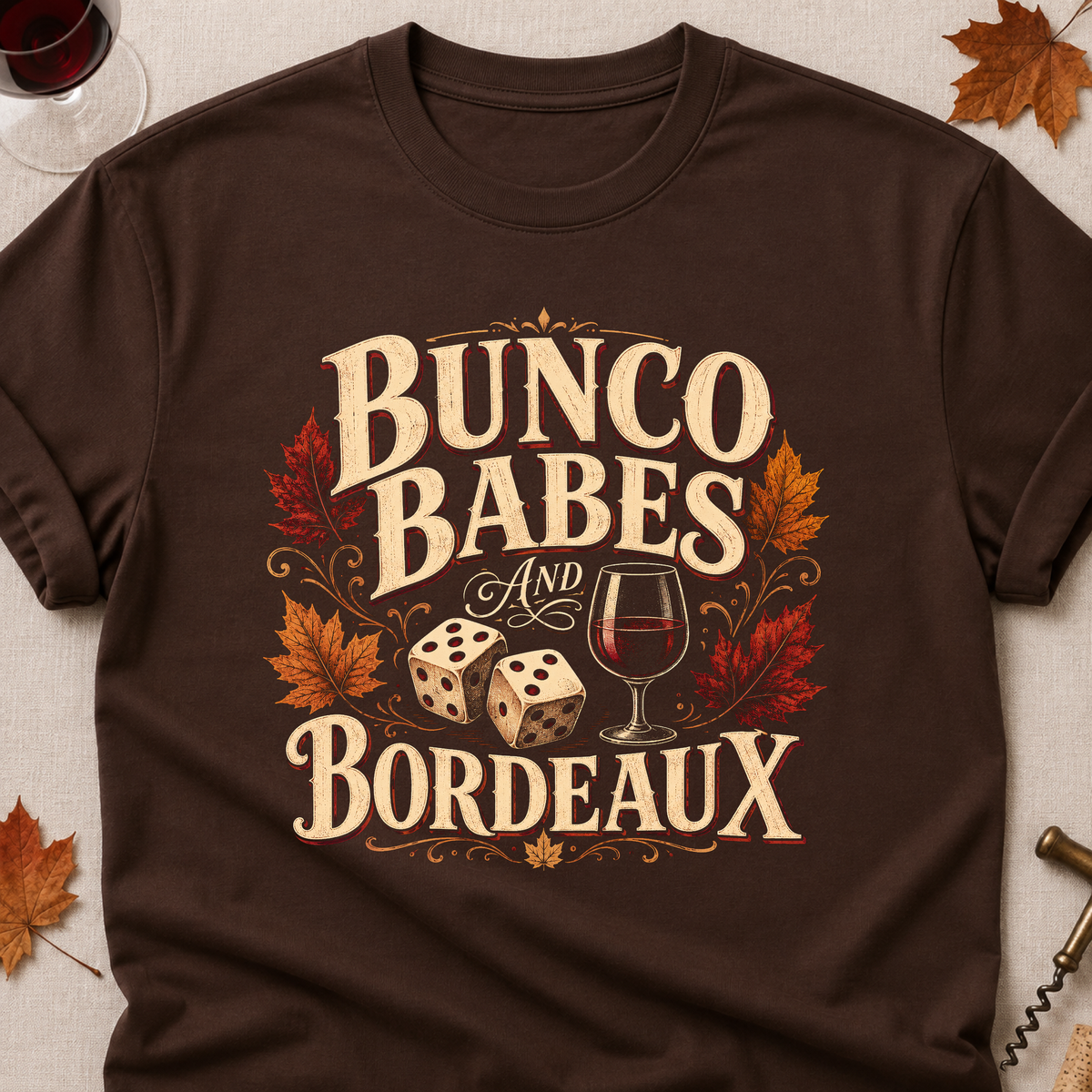 Bunco Babes And Bordeaux Fall Colored Print T-Shirt - Dark Chocolate - Brooke & Belle