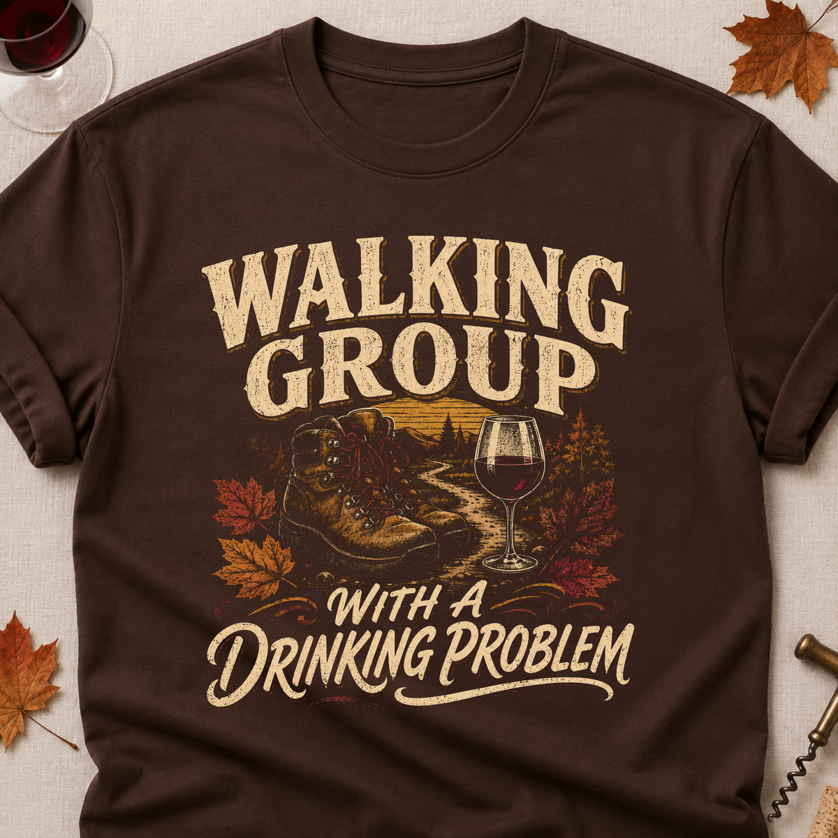 Walking Group With A Drinking Problem Fall Colored Print T-Shirt - Dark Chocolate - Brooke & Belle