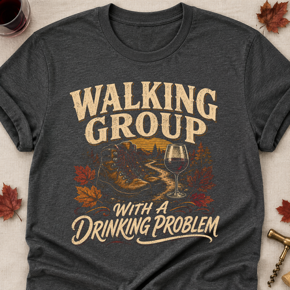 Walking Group With A Drinking Problem Fall Colored Print T-Shirt - Dark Heather - Brooke & Belle