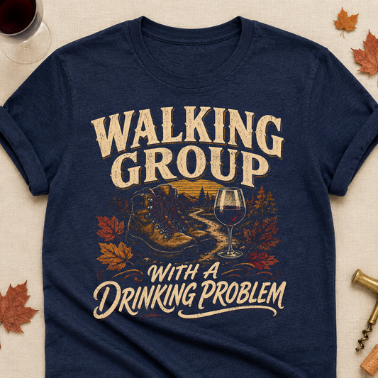 Walking Group With A Drinking Problem Fall Colored Print T-Shirt - Heather Navy - Brooke & Belle