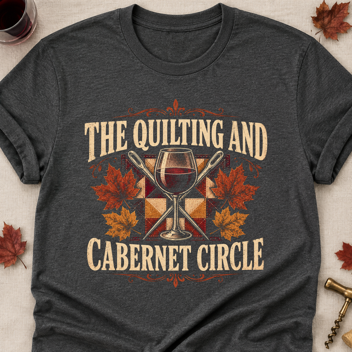 The Quilting And Cabernet Circle Fall Colored Print T-Shirt - Dark Heather - Brooke & Belle