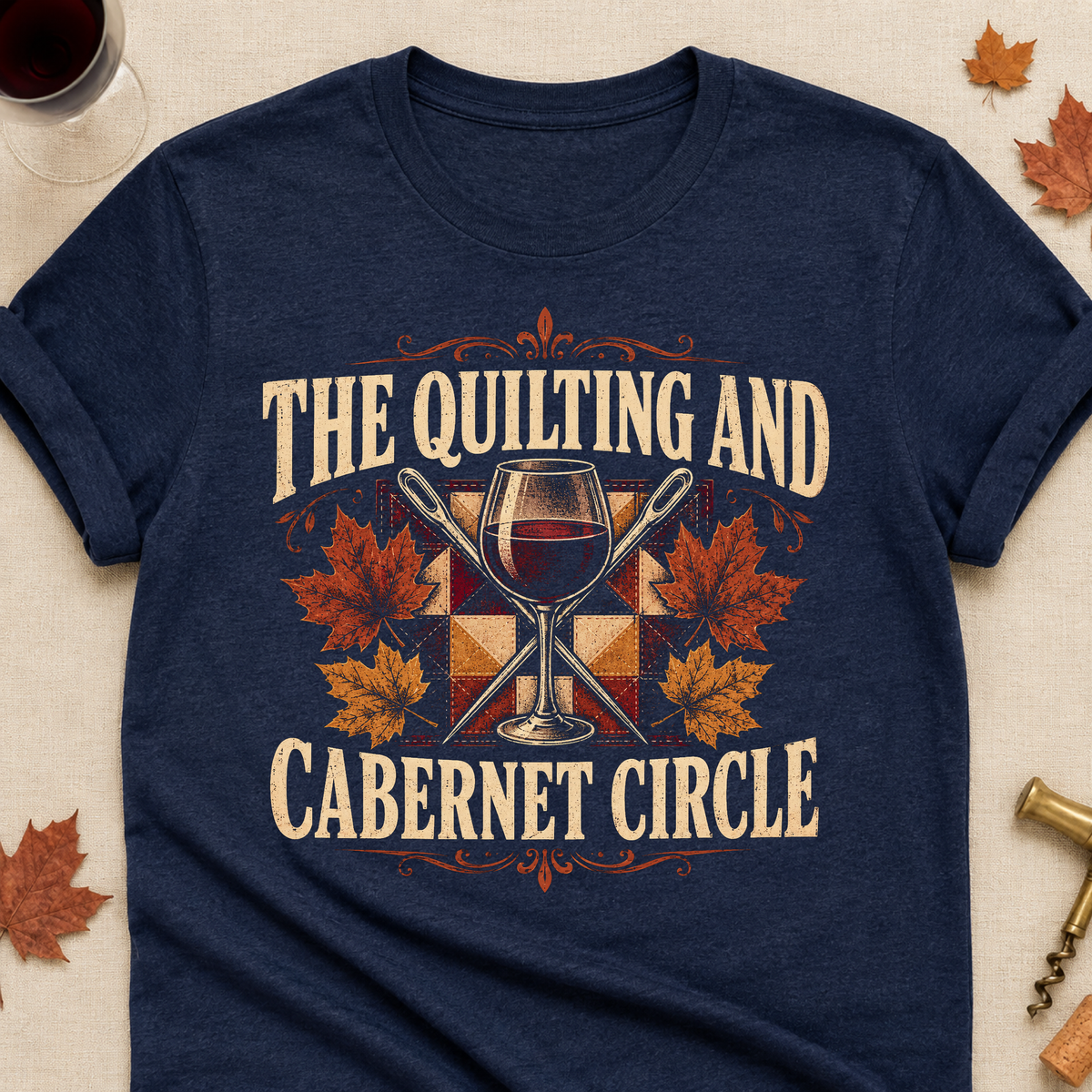 The Quilting And Cabernet Circle Fall Colored Print T-Shirt - Heather Navy - Brooke & Belle