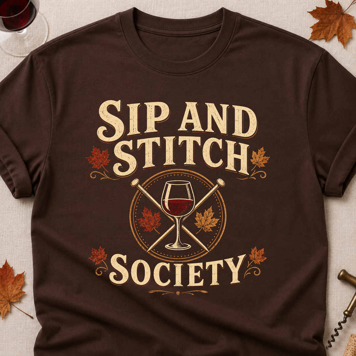 Sip And Stitch Society Fall Colored Print T-Shirt - Dark Chocolate - Brooke & Belle