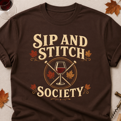 Sip And Stitch Society Fall Colored Print T-Shirt - Dark Chocolate - Brooke & Belle
