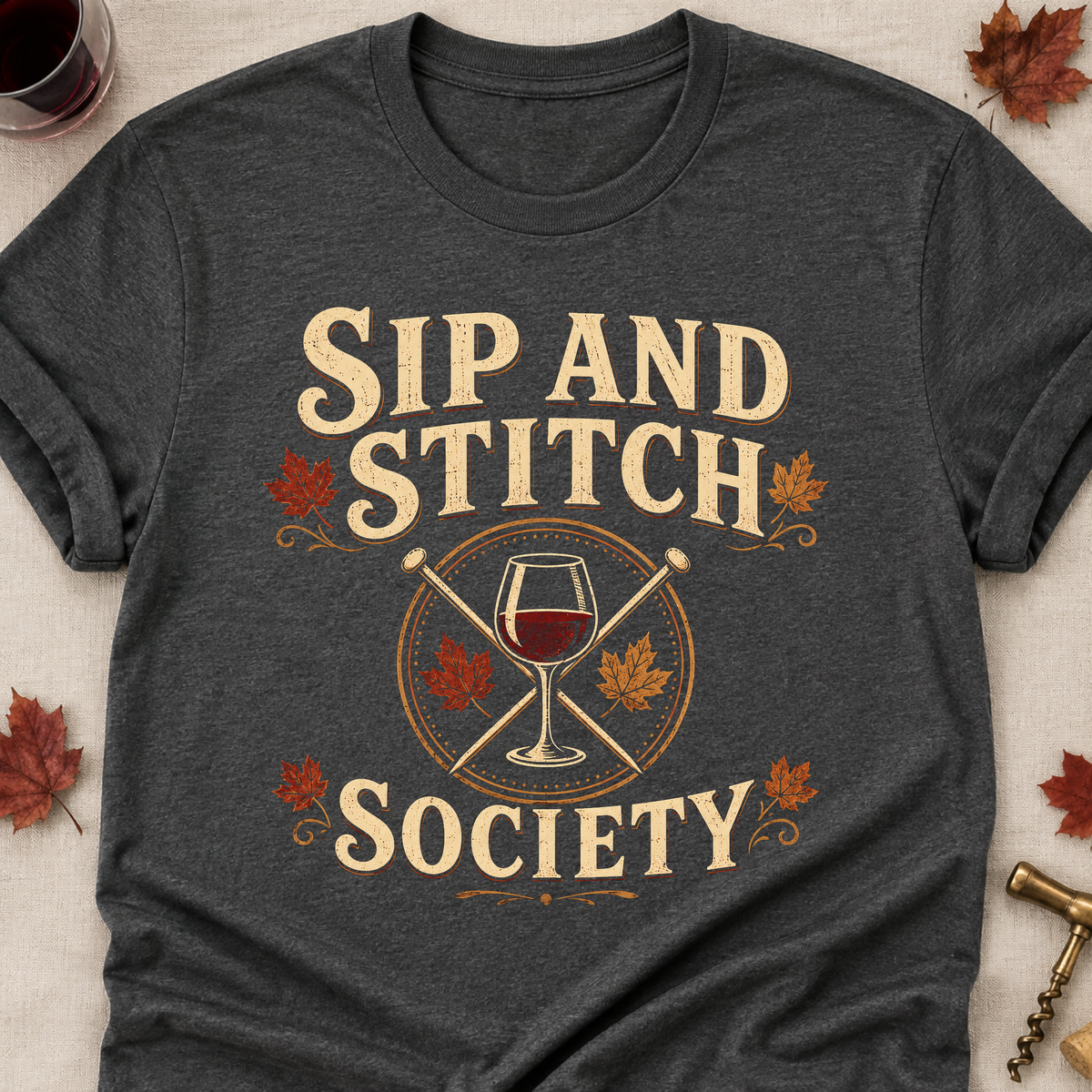 Sip And Stitch Society Fall Colored Print T-Shirt - Dark Heather - Brooke & Belle