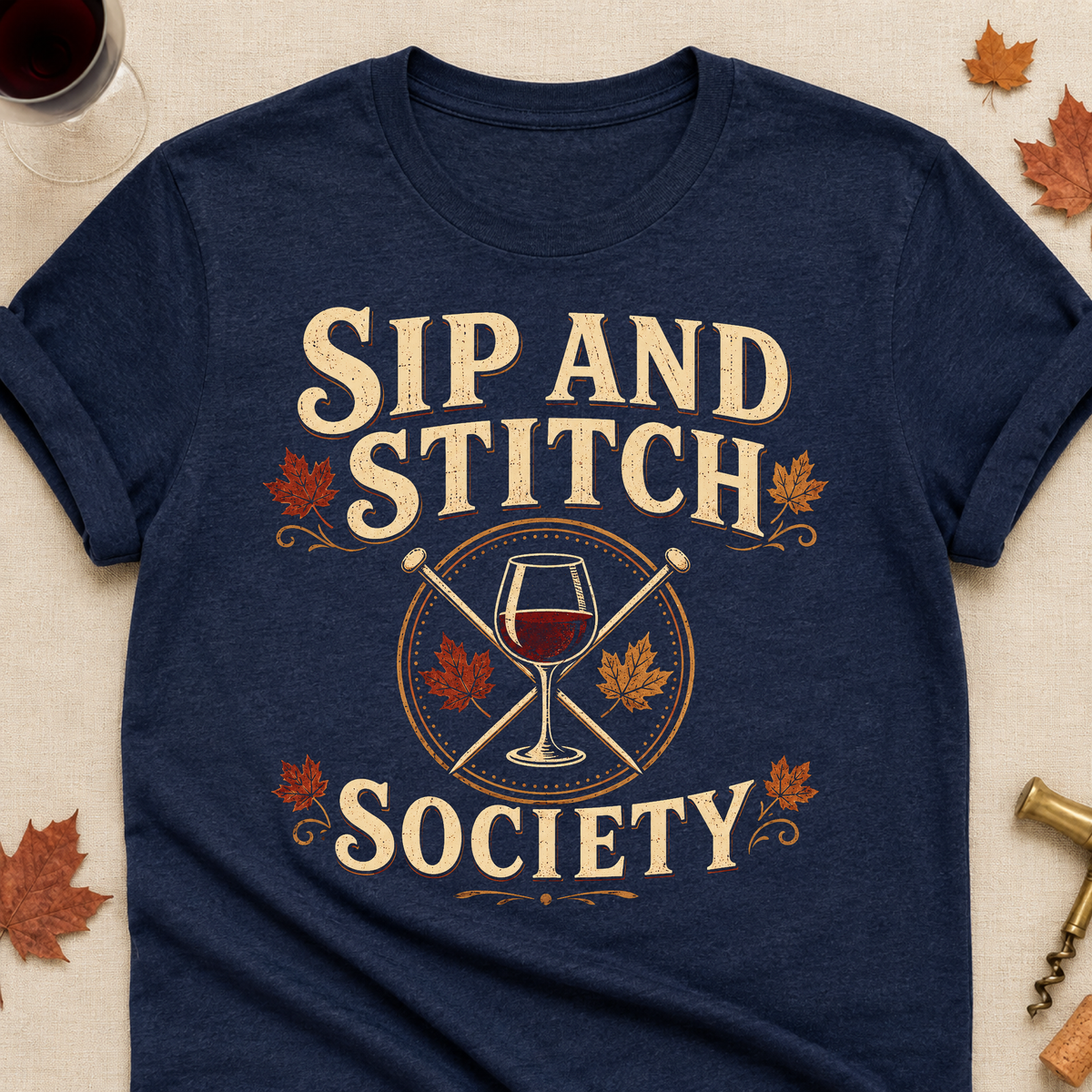 Sip And Stitch Society Fall Colored Print T-Shirt - Heather Navy - Brooke & Belle