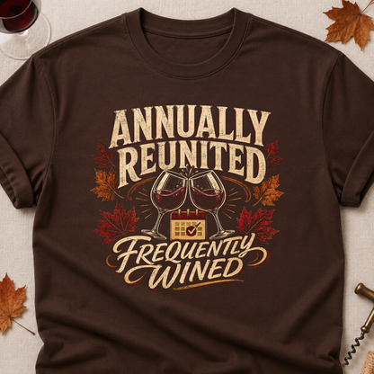 Annually Reunited Frequently Wined Fall Colored Print T-Shirt - Dark Chocolate - Brooke & Belle