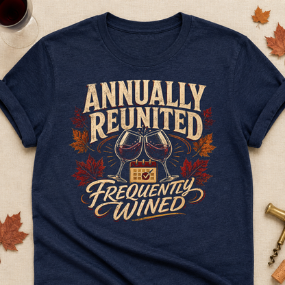 Annually Reunited Frequently Wined Fall Colored Print T-Shirt - Heather Navy - Brooke & Belle